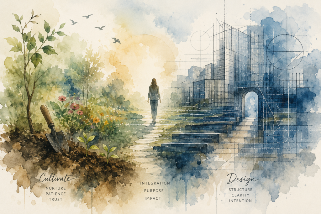 Abstract watercolor illustration representing leadership burnout, organizational transformation, systems thinking, and the balance between cultivating change and designing structure.